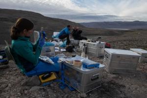 Gina at base camp with the samples during the 2019 expedition. Photo: Robbie Shone